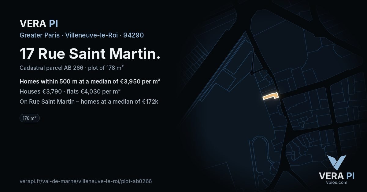 17 Rue Saint Martin, Villeneuve-le-Roi at night – the plot lit, the parcels around coloured by the prices near them