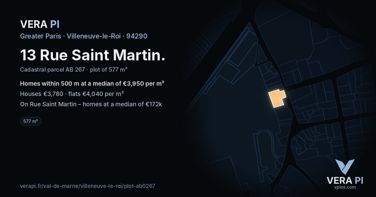 13 Rue Saint Martin, Villeneuve-le-Roi at night – the plot lit, the parcels around coloured by the prices near them