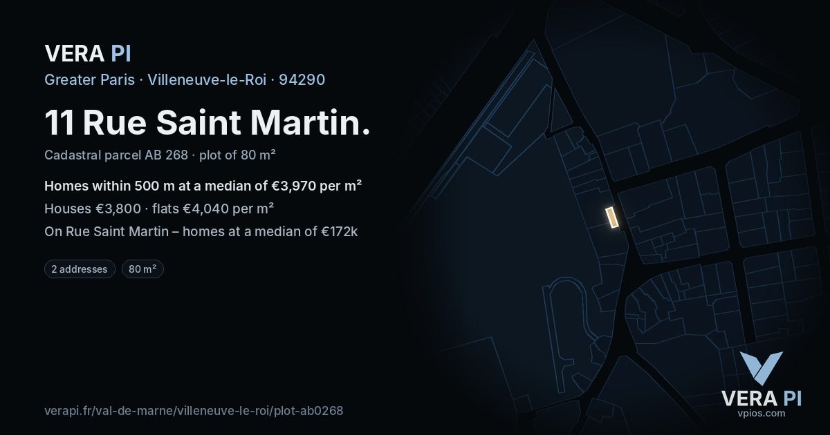 11 Rue Saint Martin, Villeneuve-le-Roi at night – the plot lit, the parcels around coloured by the prices near them