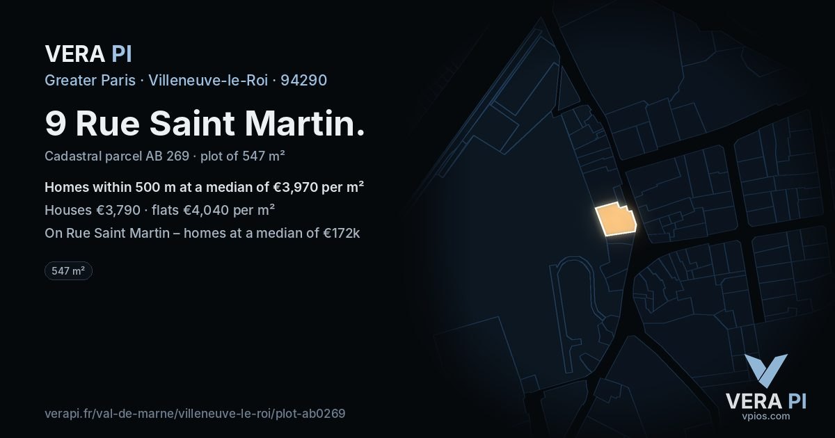 9 Rue Saint Martin, Villeneuve-le-Roi at night – the plot lit, the parcels around coloured by the prices near them
