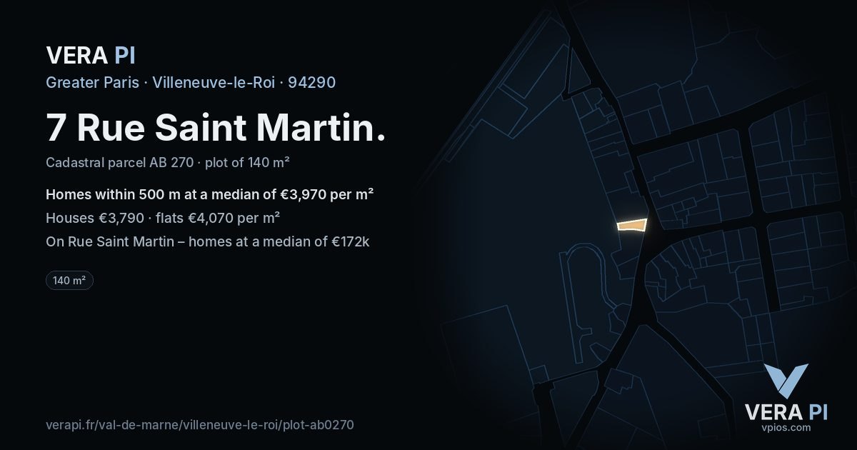 7 Rue Saint Martin, Villeneuve-le-Roi at night – the plot lit, the parcels around coloured by the prices near them