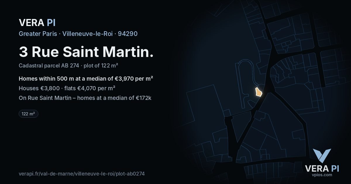 3 Rue Saint Martin, Villeneuve-le-Roi at night – the plot lit, the parcels around coloured by the prices near them