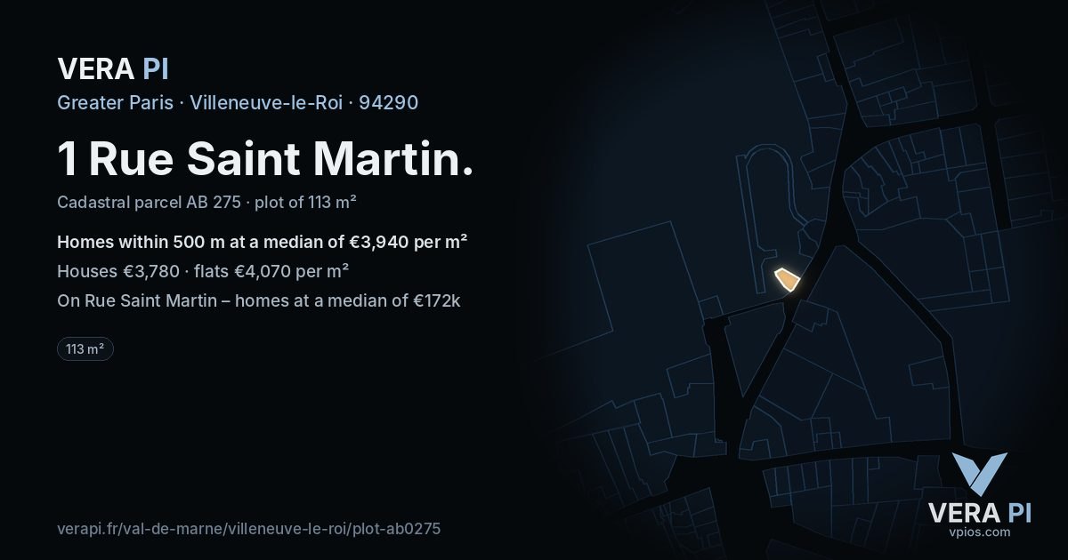 1 Rue Saint Martin, Villeneuve-le-Roi at night – the plot lit, the parcels around coloured by the prices near them