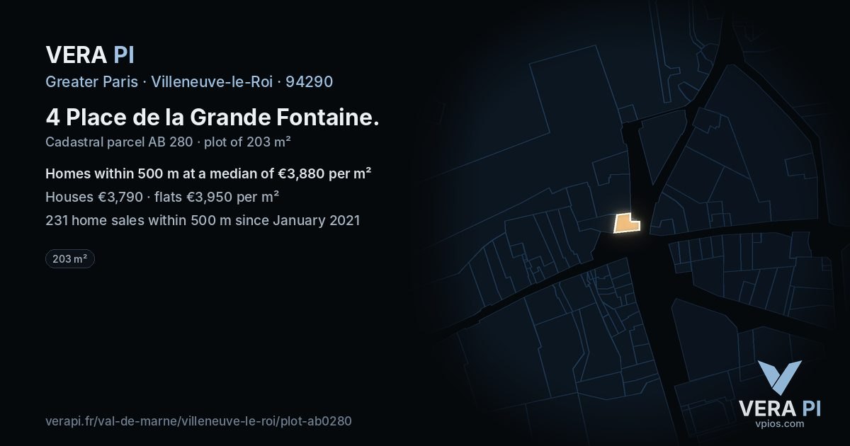 4 Place de la Grande Fontaine, Villeneuve-le-Roi at night – the plot lit, the parcels around coloured by the prices near them