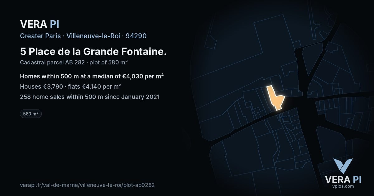 5 Place de la Grande Fontaine, Villeneuve-le-Roi at night – the plot lit, the parcels around coloured by the prices near them