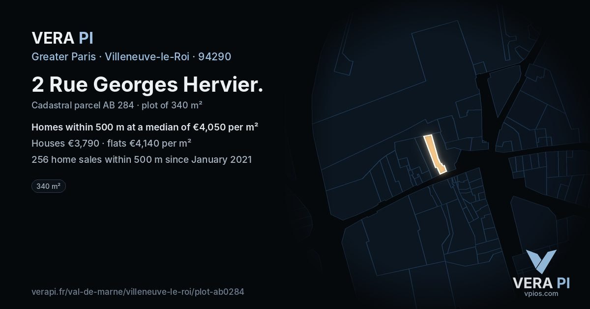2 Rue Georges Hervier, Villeneuve-le-Roi at night – the plot lit, the parcels around coloured by the prices near them