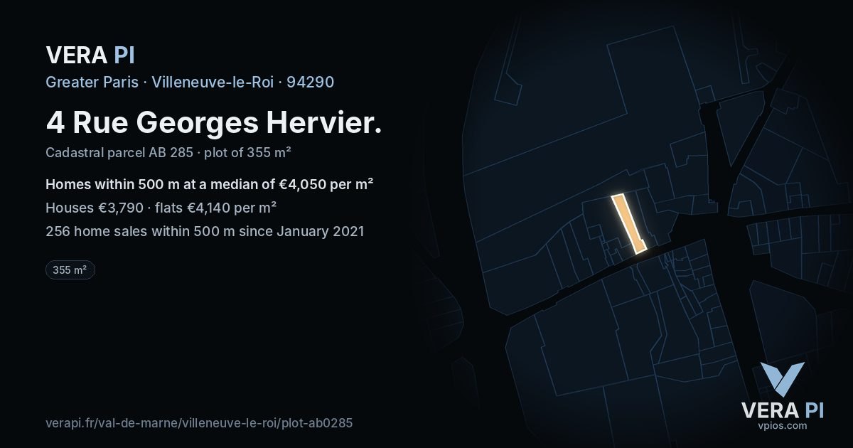 4 Rue Georges Hervier, Villeneuve-le-Roi at night – the plot lit, the parcels around coloured by the prices near them