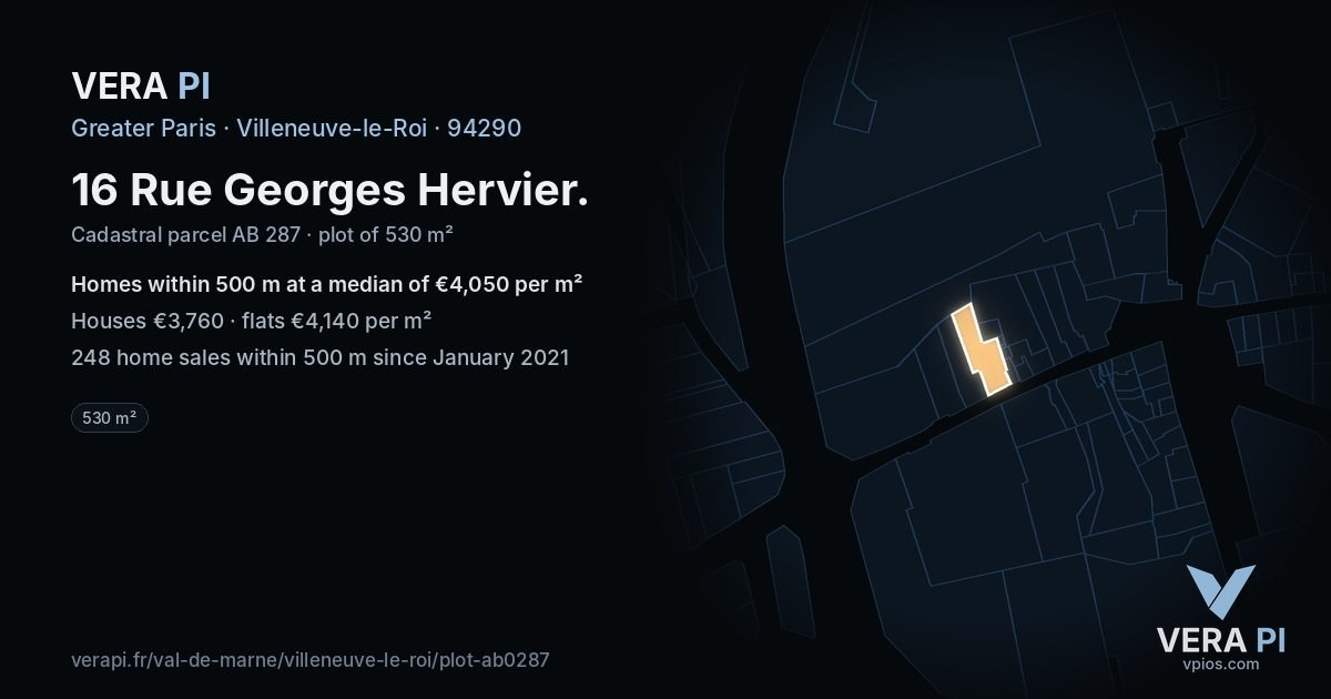16 Rue Georges Hervier, Villeneuve-le-Roi at night – the plot lit, the parcels around coloured by the prices near them