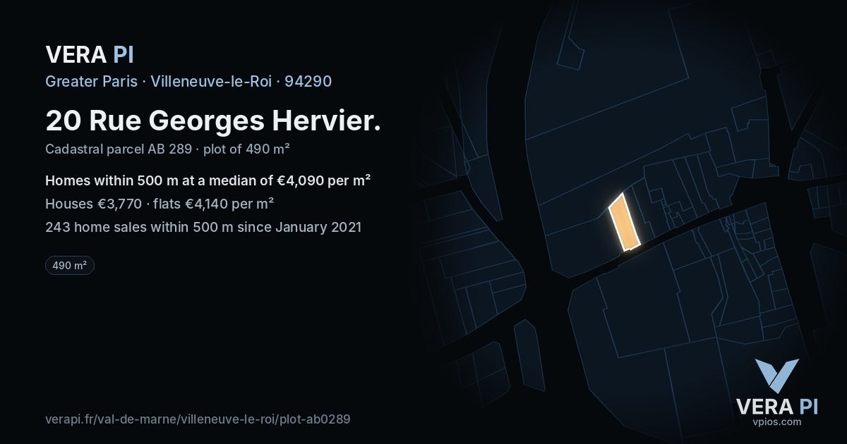 20 Rue Georges Hervier, Villeneuve-le-Roi at night – the plot lit, the parcels around coloured by the prices near them