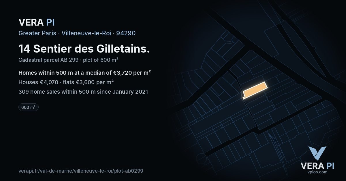 14 Sentier des Gilletains, Villeneuve-le-Roi at night – the plot lit, the parcels around coloured by the prices near them