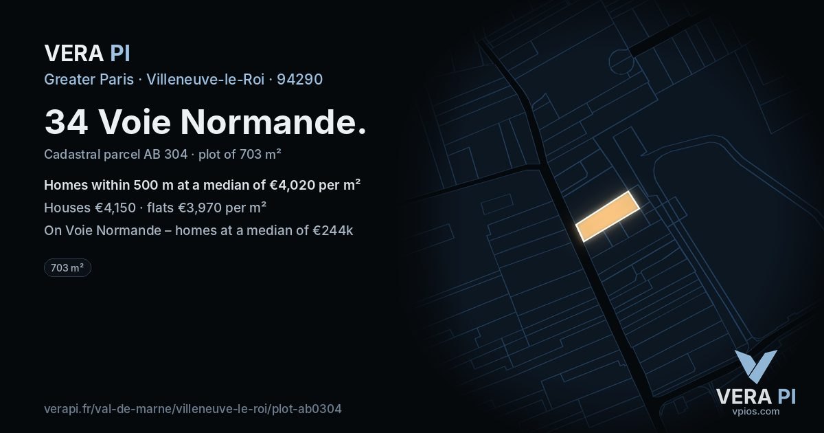 34 Voie Normande, Villeneuve-le-Roi at night – the plot lit, the parcels around coloured by the prices near them