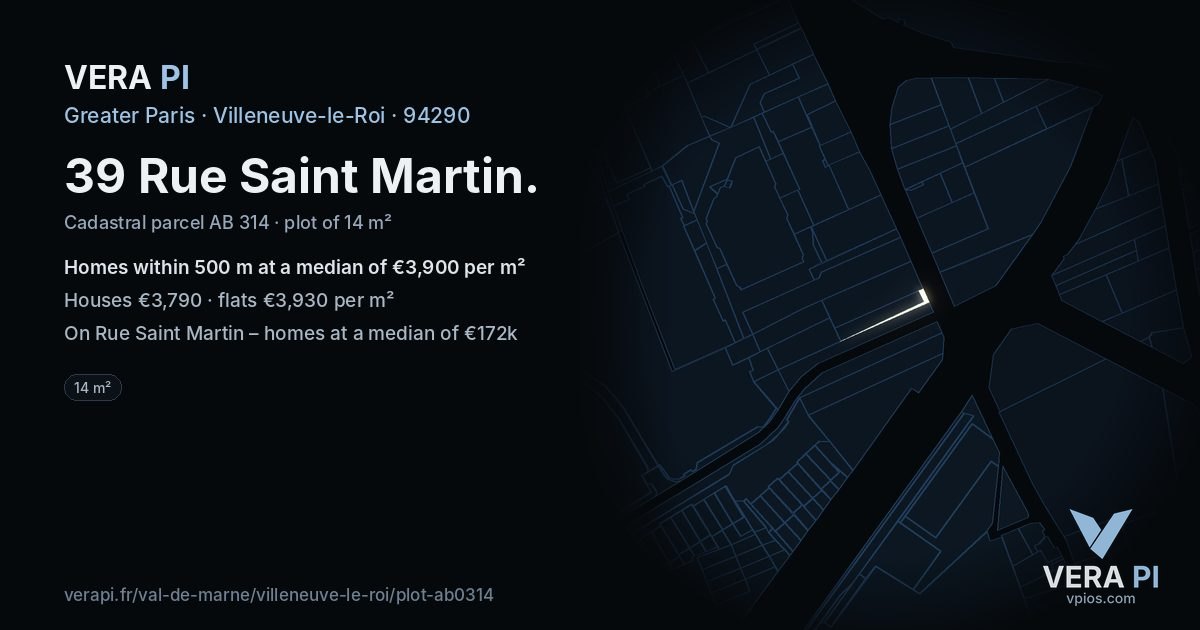 39 Rue Saint Martin, Villeneuve-le-Roi at night – the plot lit, the parcels around coloured by the prices near them
