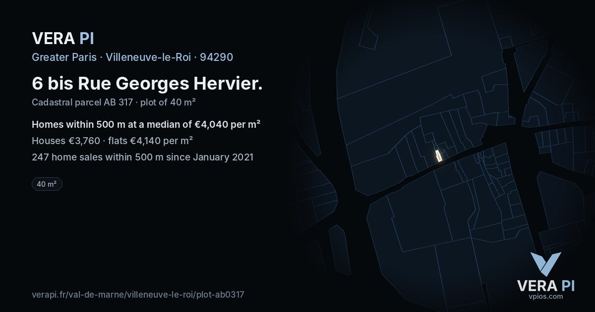 6 bis Rue Georges Hervier, Villeneuve-le-Roi at night – the plot lit, the parcels around coloured by the prices near them