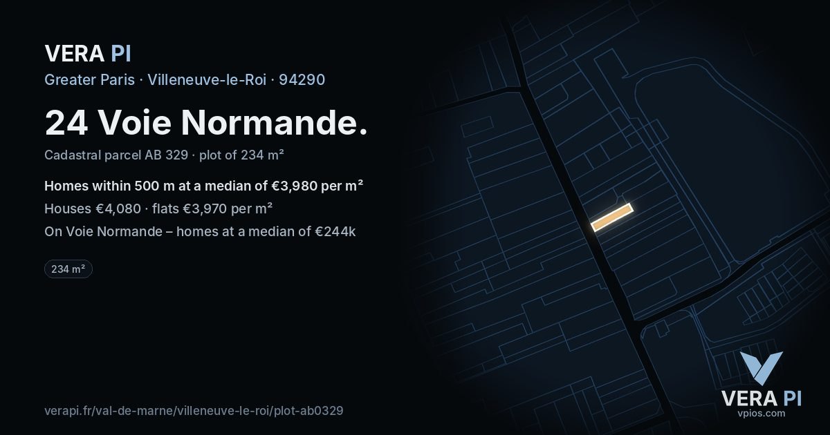 24 Voie Normande, Villeneuve-le-Roi at night – the plot lit, the parcels around coloured by the prices near them