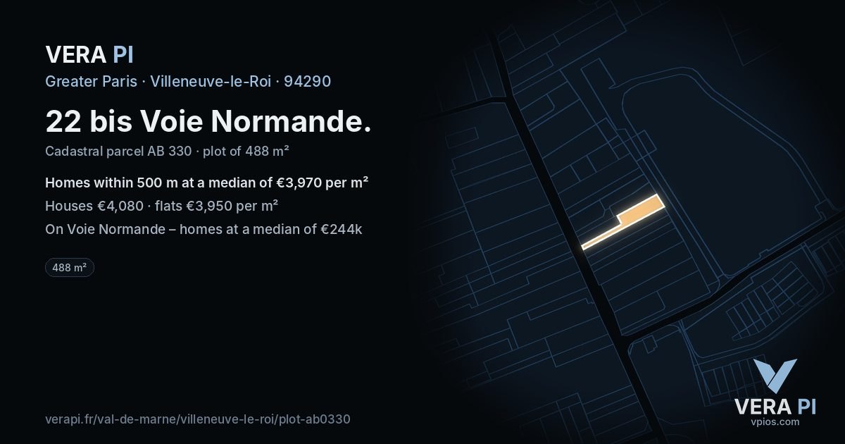 22 bis Voie Normande, Villeneuve-le-Roi at night – the plot lit, the parcels around coloured by the prices near them