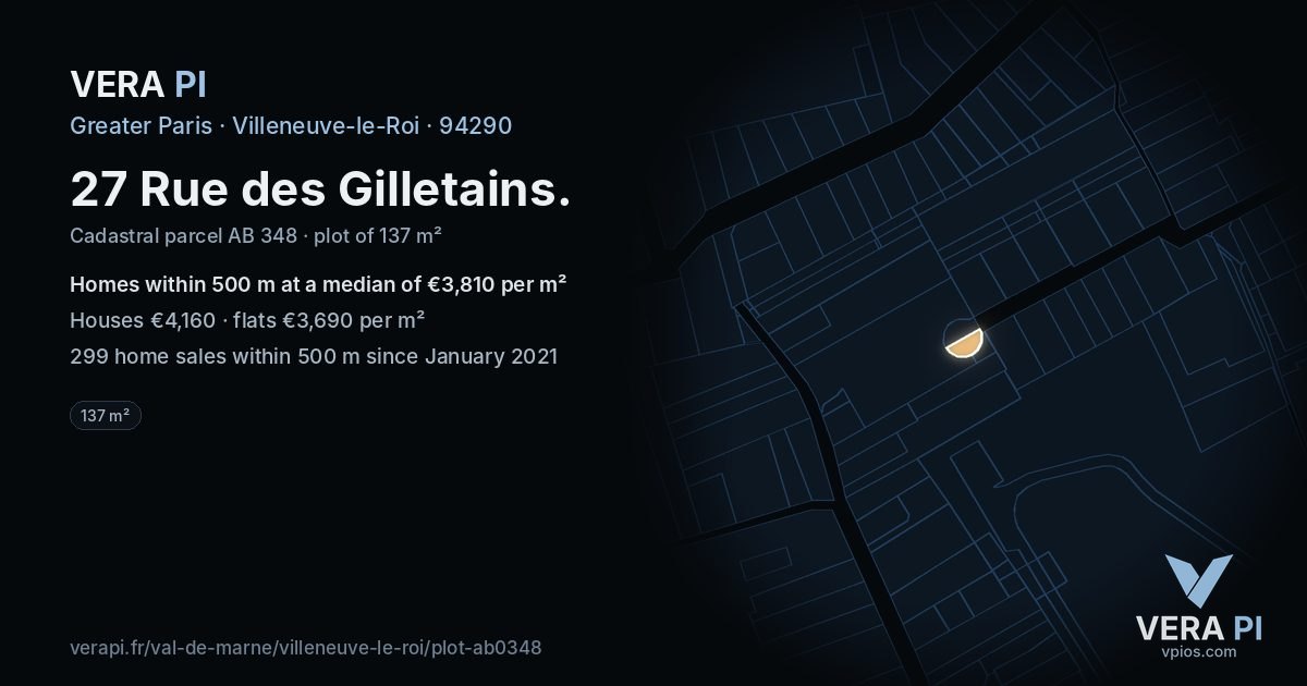 27 Rue des Gilletains, Villeneuve-le-Roi at night – the plot lit, the parcels around coloured by the prices near them