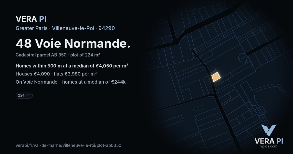 48 Voie Normande, Villeneuve-le-Roi at night – the plot lit, the parcels around coloured by the prices near them