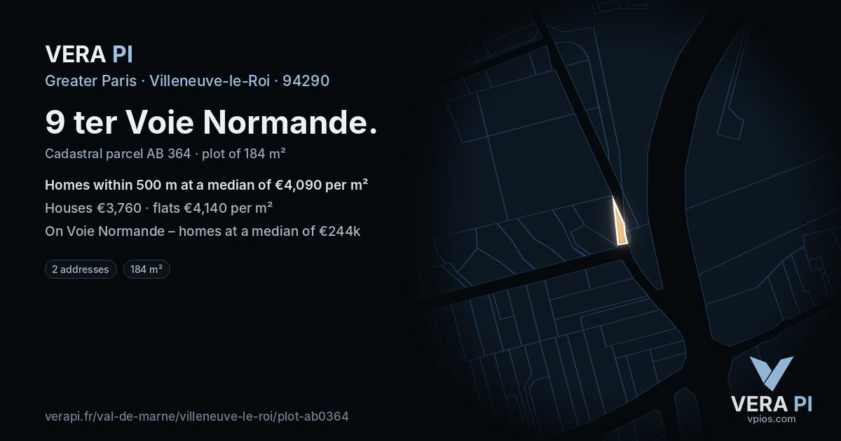 9 ter Voie Normande, Villeneuve-le-Roi at night – the plot lit, the parcels around coloured by the prices near them