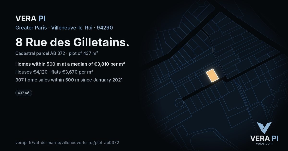 8 Rue des Gilletains, Villeneuve-le-Roi at night – the plot lit, the parcels around coloured by the prices near them