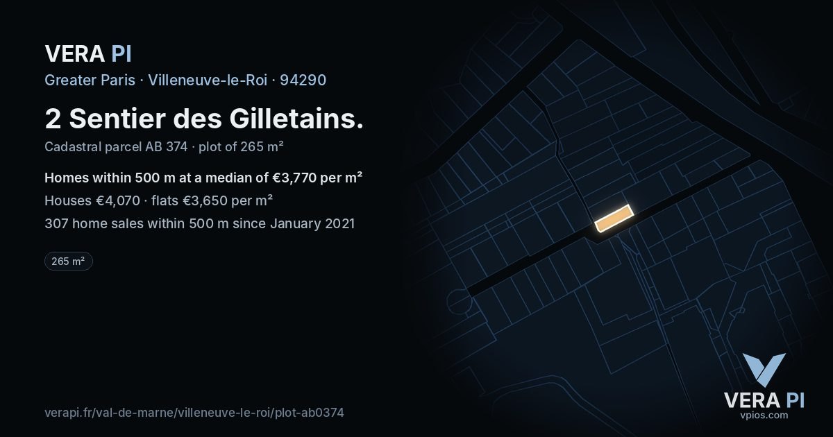 2 Sentier des Gilletains, Villeneuve-le-Roi at night – the plot lit, the parcels around coloured by the prices near them