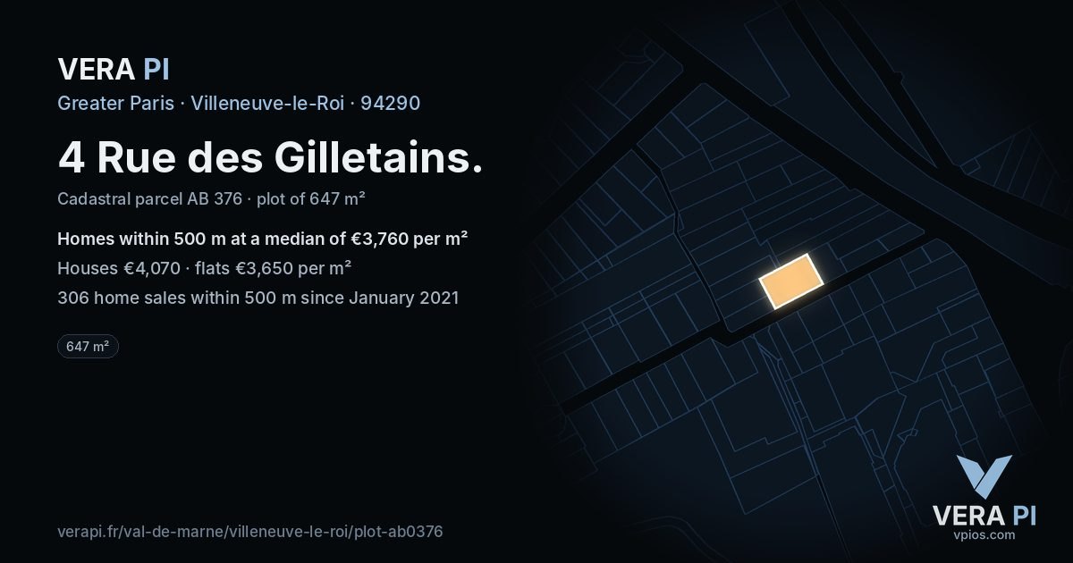 4 Rue des Gilletains, Villeneuve-le-Roi at night – the plot lit, the parcels around coloured by the prices near them