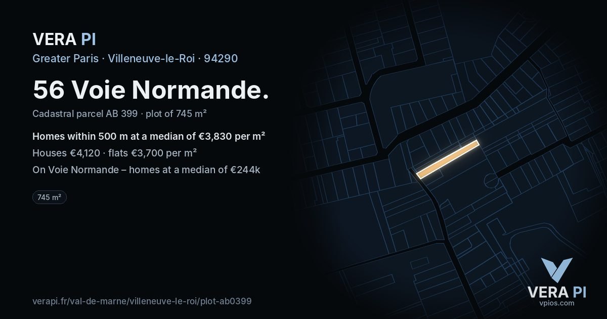 56 Voie Normande, Villeneuve-le-Roi at night – the plot lit, the parcels around coloured by the prices near them