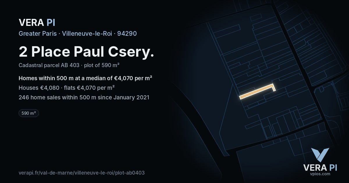 2 Place Paul Csery, Villeneuve-le-Roi at night – the plot lit, the parcels around coloured by the prices near them