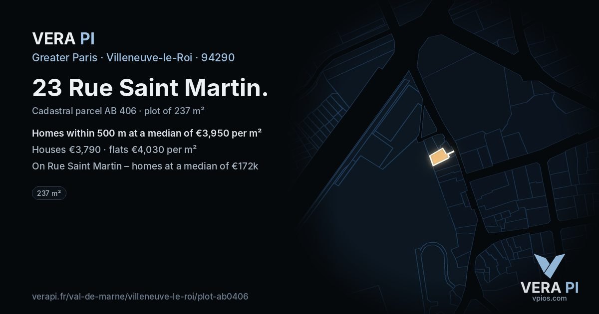 23 Rue Saint Martin, Villeneuve-le-Roi at night – the plot lit, the parcels around coloured by the prices near them