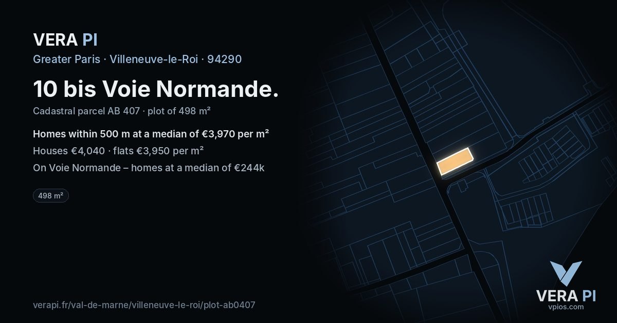 10 bis Voie Normande, Villeneuve-le-Roi at night – the plot lit, the parcels around coloured by the prices near them