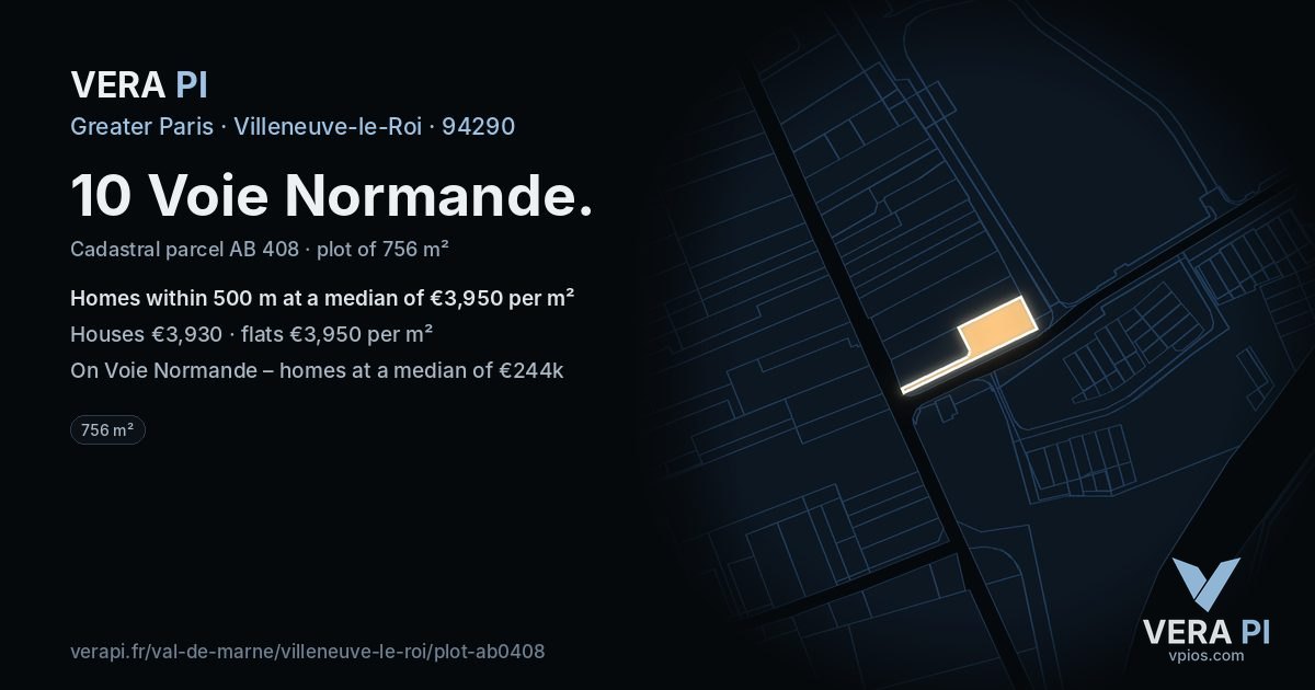 10 Voie Normande, Villeneuve-le-Roi at night – the plot lit, the parcels around coloured by the prices near them