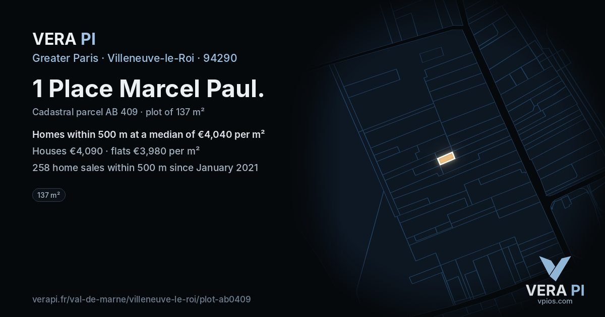 1 Place Marcel Paul, Villeneuve-le-Roi at night – the plot lit, the parcels around coloured by the prices near them