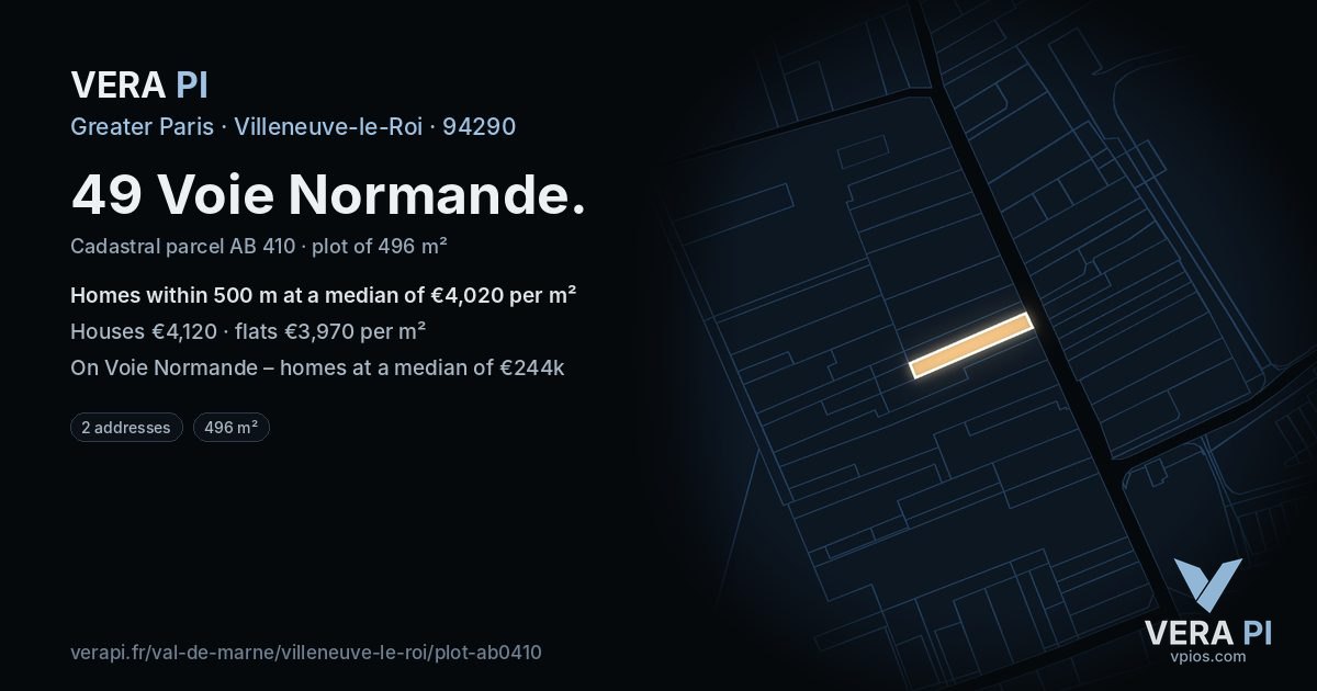 49 Voie Normande, Villeneuve-le-Roi at night – the plot lit, the parcels around coloured by the prices near them