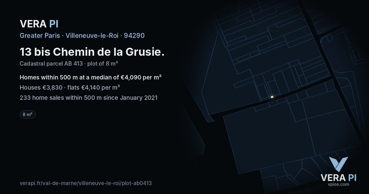 13 bis Chemin de la Grusie, Villeneuve-le-Roi at night – the plot lit, the parcels around coloured by the prices near them