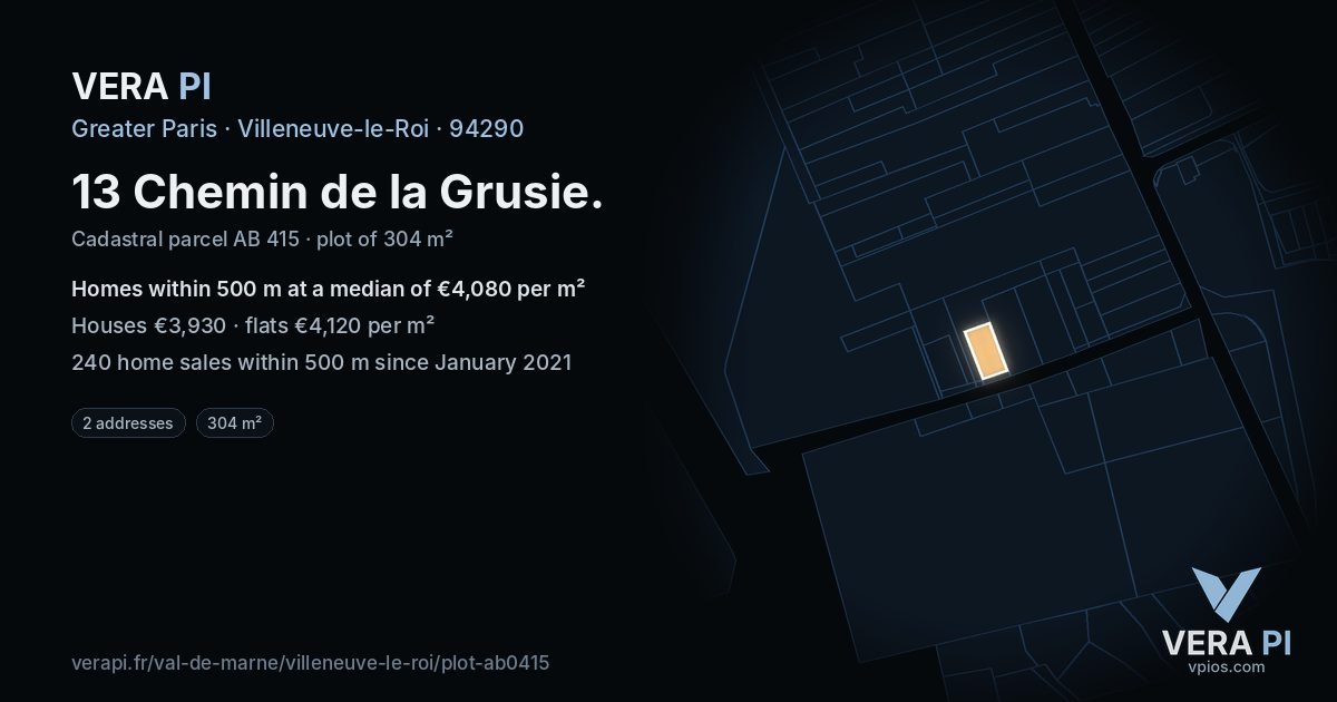 13 Chemin de la Grusie, Villeneuve-le-Roi at night – the plot lit, the parcels around coloured by the prices near them