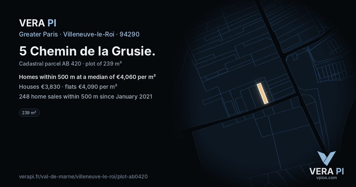 5 Chemin de la Grusie, Villeneuve-le-Roi at night – the plot lit, the parcels around coloured by the prices near them