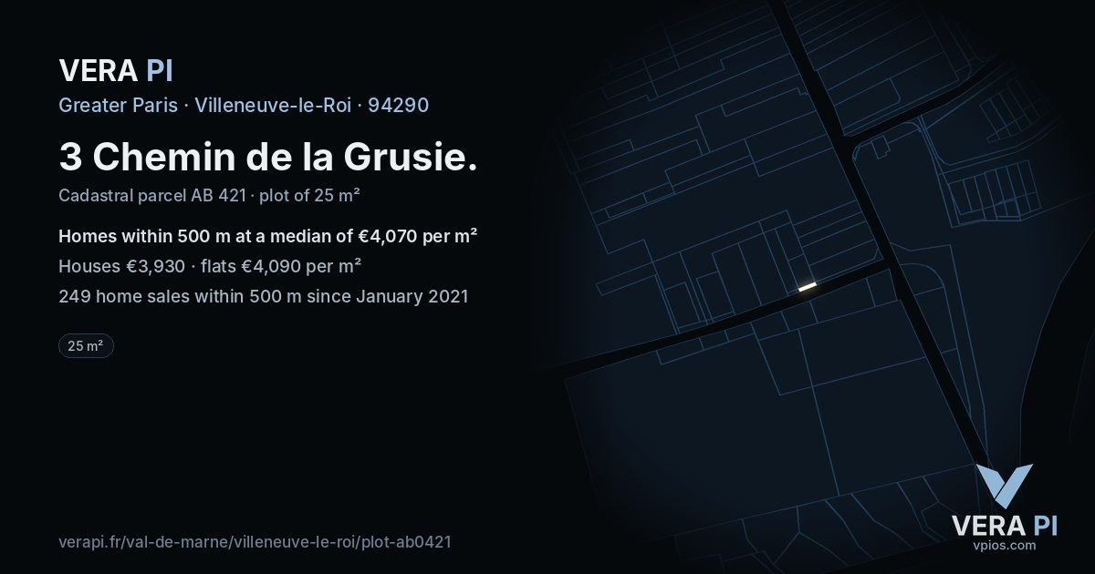 3 Chemin de la Grusie, Villeneuve-le-Roi at night – the plot lit, the parcels around coloured by the prices near them