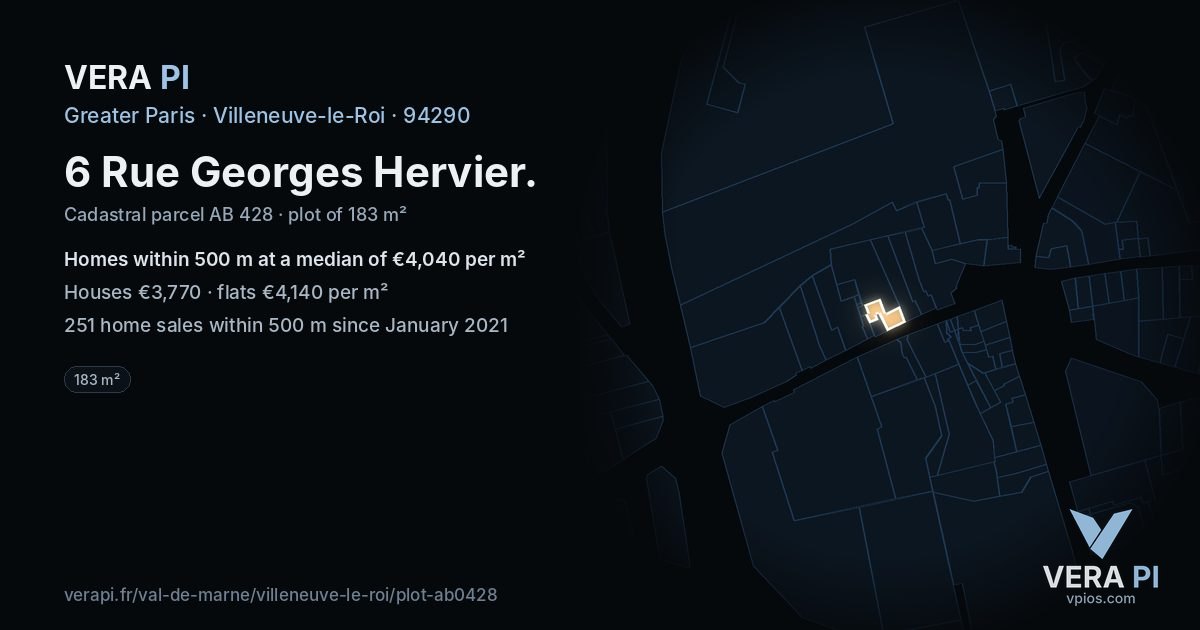 6 Rue Georges Hervier, Villeneuve-le-Roi at night – the plot lit, the parcels around coloured by the prices near them