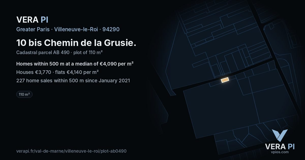 10 bis Chemin de la Grusie, Villeneuve-le-Roi at night – the plot lit, the parcels around coloured by the prices near them