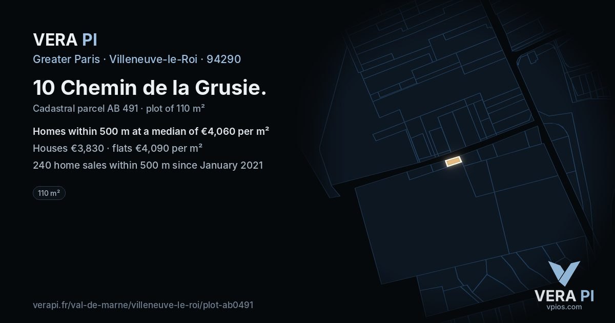 10 Chemin de la Grusie, Villeneuve-le-Roi at night – the plot lit, the parcels around coloured by the prices near them