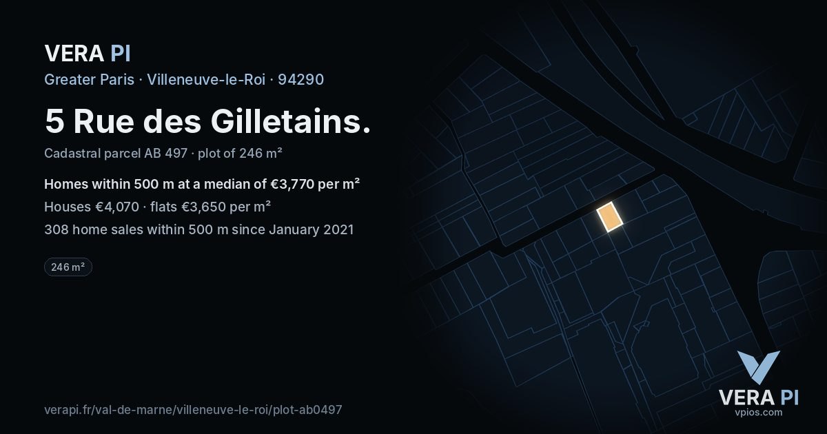 5 Rue des Gilletains, Villeneuve-le-Roi at night – the plot lit, the parcels around coloured by the prices near them