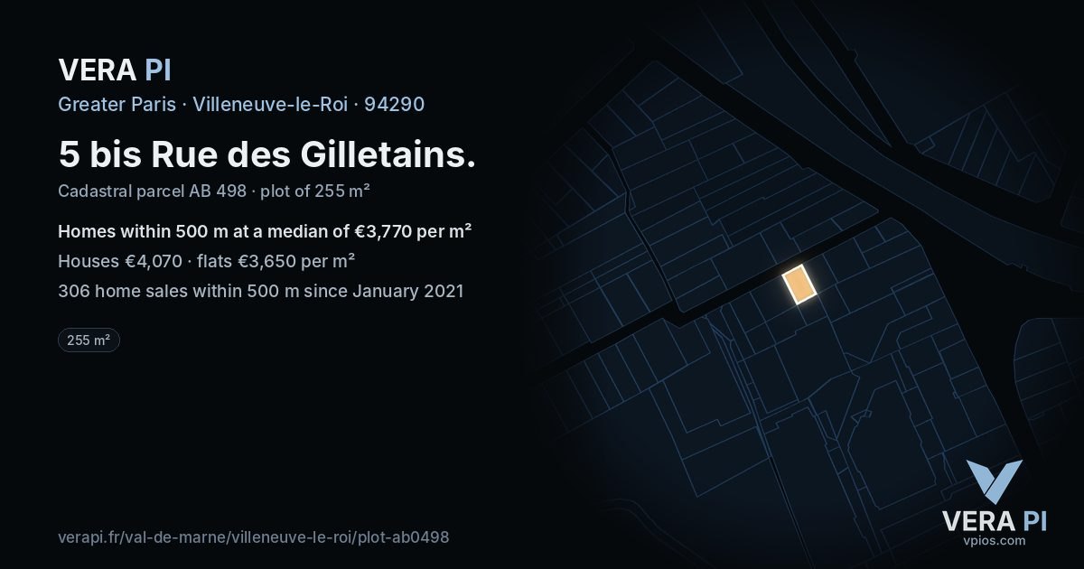5 bis Rue des Gilletains, Villeneuve-le-Roi at night – the plot lit, the parcels around coloured by the prices near them