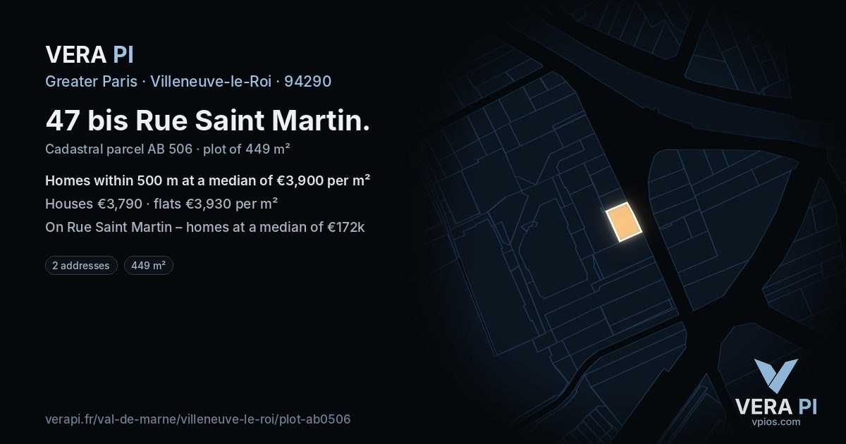 47 bis Rue Saint Martin, Villeneuve-le-Roi at night – the plot lit, the parcels around coloured by the prices near them