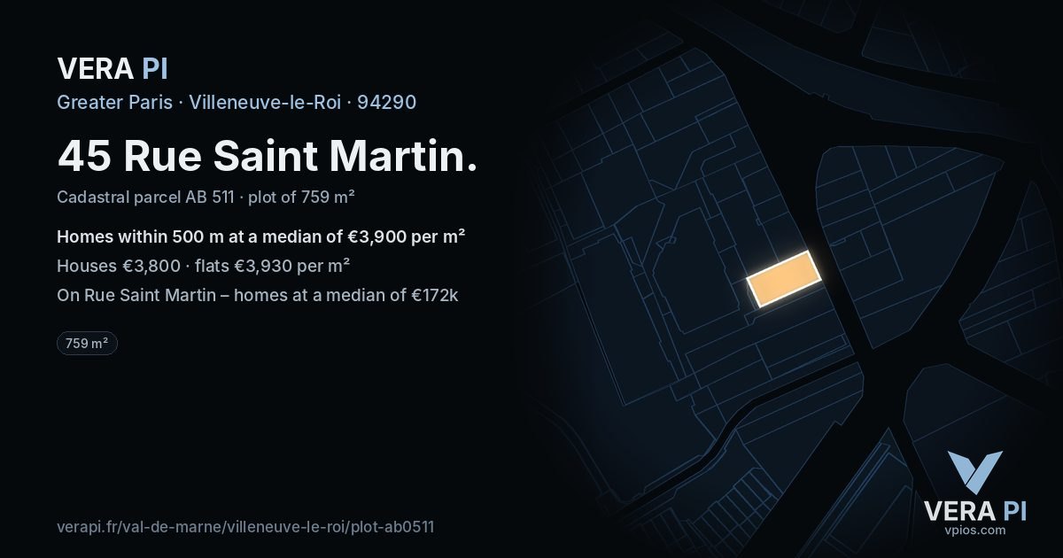 45 Rue Saint Martin, Villeneuve-le-Roi at night – the plot lit, the parcels around coloured by the prices near them