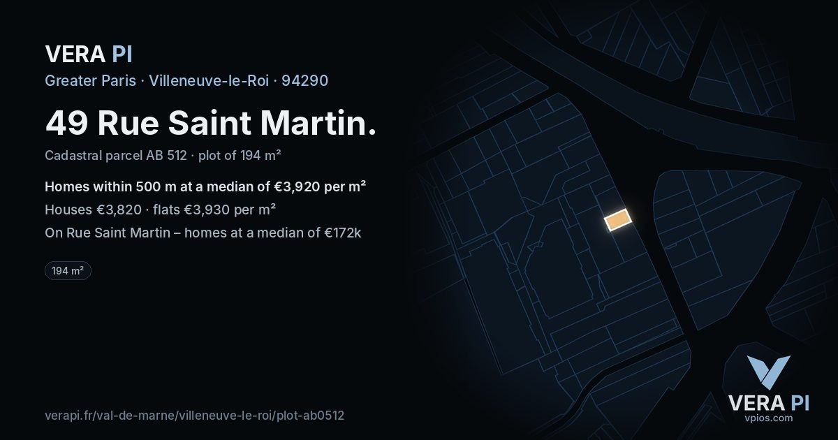 49 Rue Saint Martin, Villeneuve-le-Roi at night – the plot lit, the parcels around coloured by the prices near them