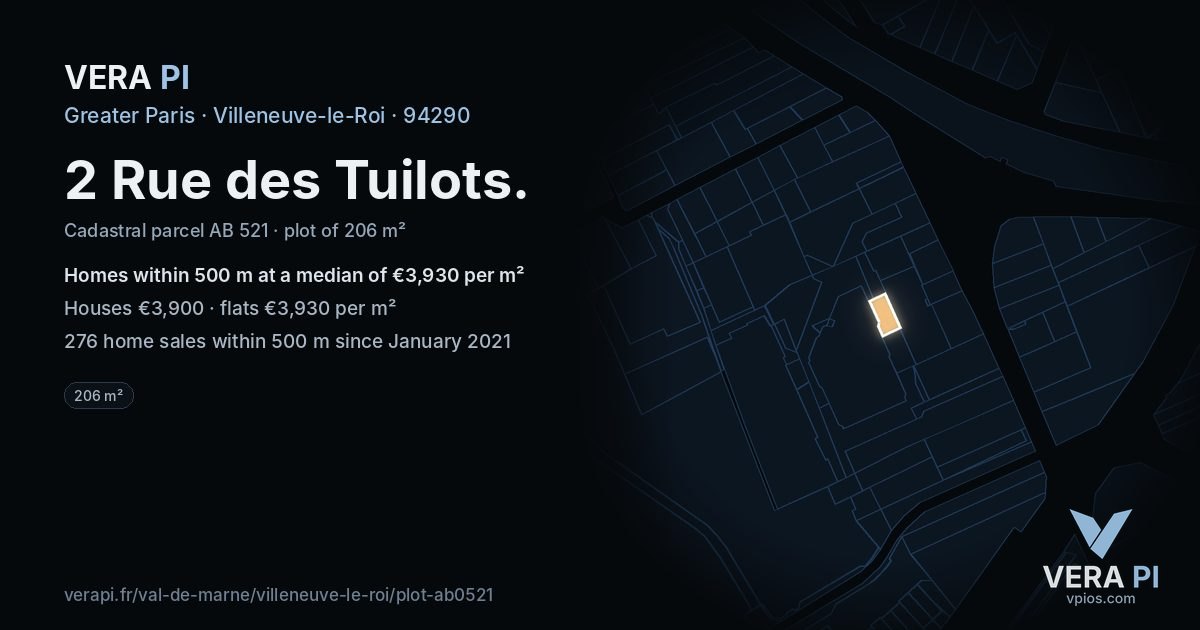 2 Rue des Tuilots, Villeneuve-le-Roi at night – the plot lit, the parcels around coloured by the prices near them