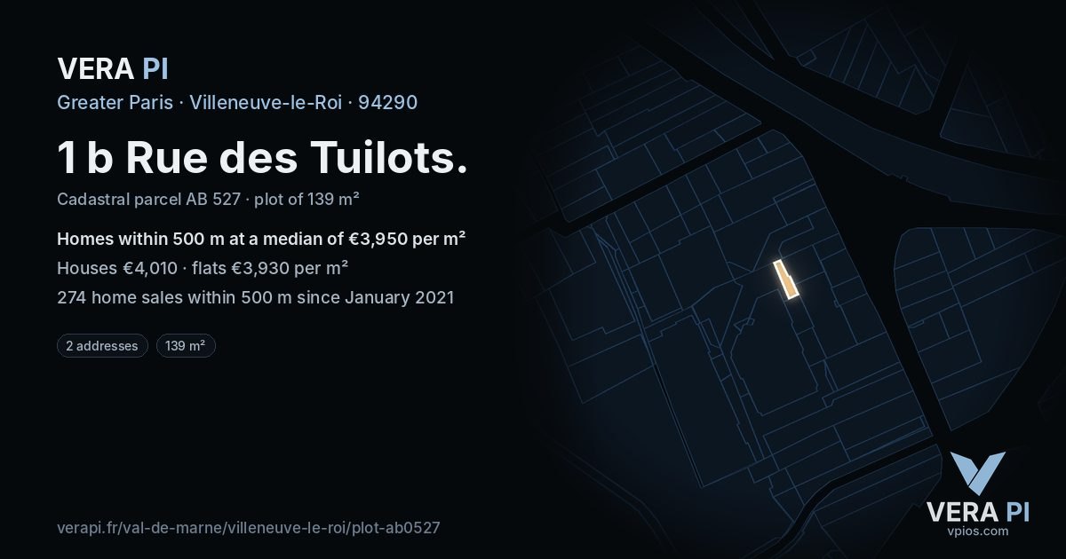 1 b Rue des Tuilots, Villeneuve-le-Roi at night – the plot lit, the parcels around coloured by the prices near them