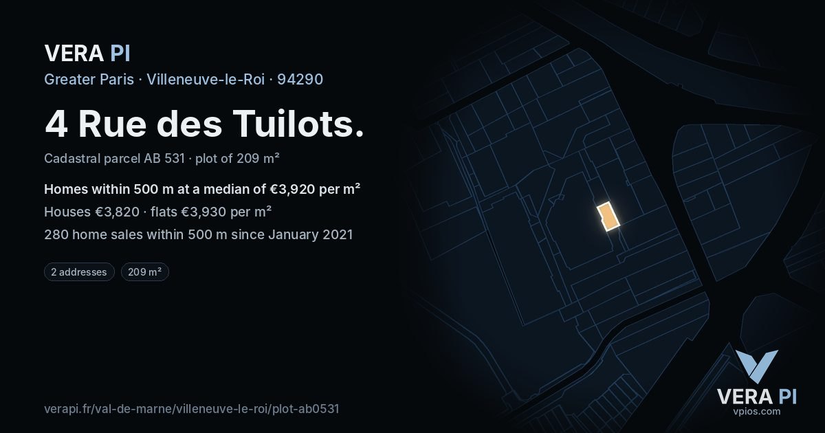 4 Rue des Tuilots, Villeneuve-le-Roi at night – the plot lit, the parcels around coloured by the prices near them