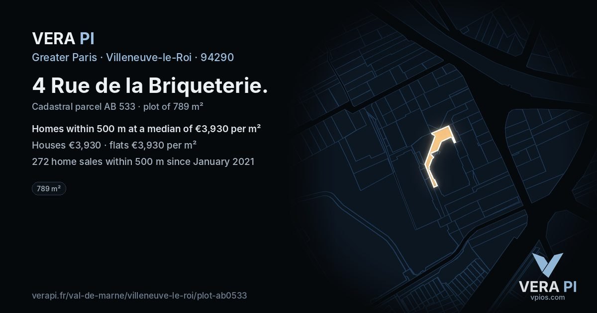 4 Rue de la Briqueterie, Villeneuve-le-Roi at night – the plot lit, the parcels around coloured by the prices near them
