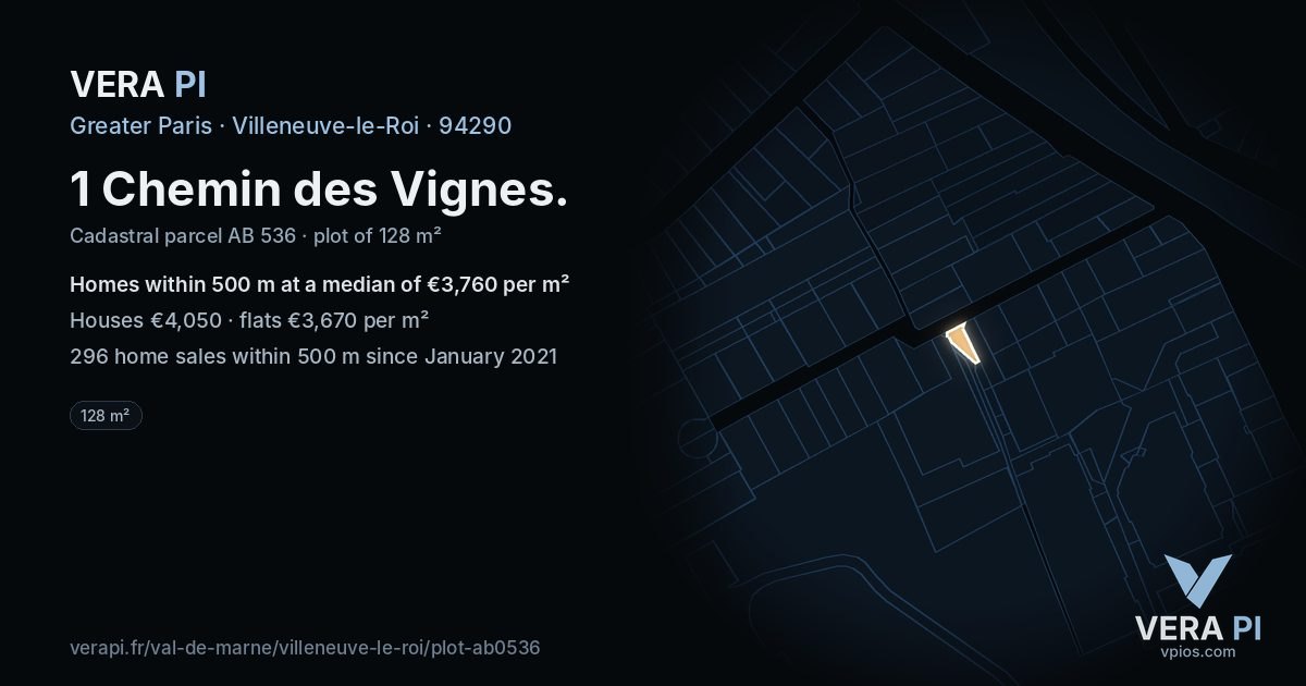 1 Chemin des Vignes, Villeneuve-le-Roi at night – the plot lit, the parcels around coloured by the prices near them