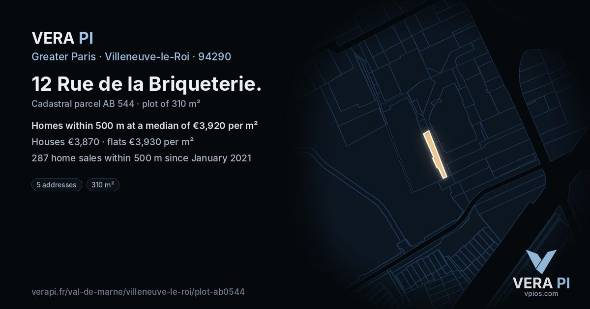 12 Rue de la Briqueterie, Villeneuve-le-Roi at night – the plot lit, the parcels around coloured by the prices near them